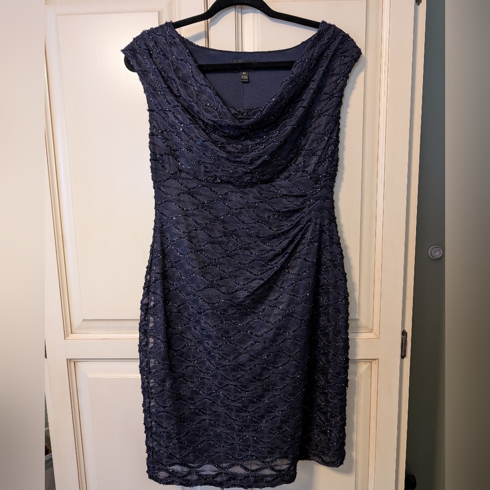 Connected Apparel Navy Sparkle Textured Cowl Neck Dress With Ruched Waist NWOT